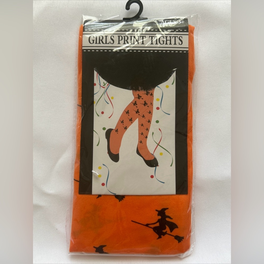 Girls Orange With Black Witches On A Broom Print Tights 3+ Halloween Costume